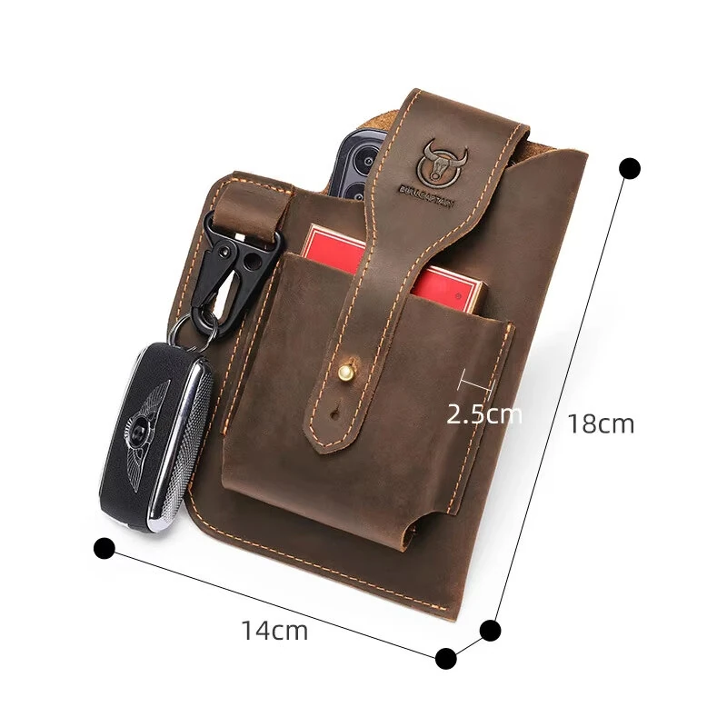 (image for) BULLCAPTAIN Genuine Leather Waist Bag for Men Belt Bag Packs 7inch Cell Phone Purse Waist Bag Wear Buckle Retro Belt Pack